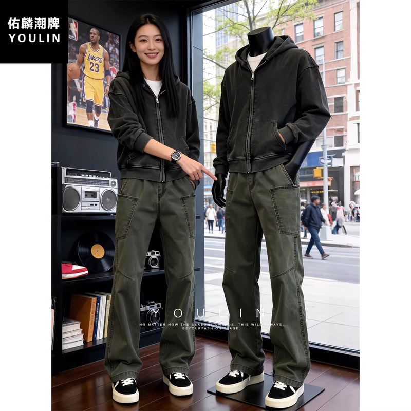 Military Green Straight-Leg Lumberjack Work Pants for Men, Summer Thin Style, American Retro Scimitar Pants, Washed Pure Cotton Jeans