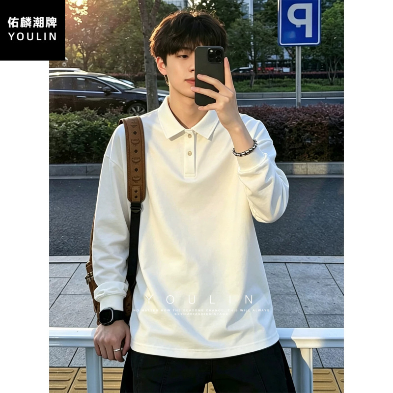 White Regular Shoulder Polo Shirt, Long-Sleeved T-Shirt for Men, Autumn Style, Clean and Sunny Look, Heavy-Duty Inner Layer Base Shirt for Men White Regular Shoulder Polo Shirt, Long-Sleeved T-Shirt for Men, Autumn Style, Clean and Sunny Look, Heavy-Duty Inner Layer Base Shirt for Men