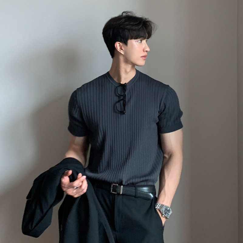 Korean Style Knitted T-Shirt for Men, Summer Solid Color, Heavy Quality, Small Neckline, Short-Sleeved, British Style, Elegant Men's Clothing, Three-Quarter Sleeves