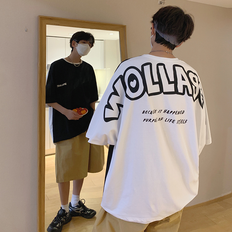 American hiphop black and white double parquet T-shirt female design feeling small crowd street oversize short sleeve wave cards cool