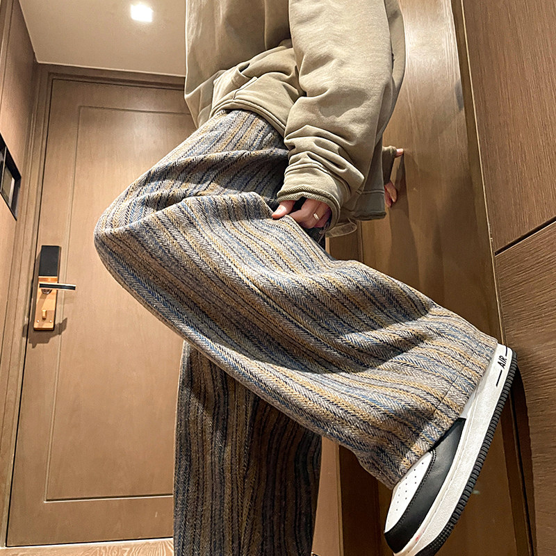 Tweed Style Striped Woolen Pants for Men, Fleece-Lined, American Retro Straight-Leg Wide-Leg Pants, Melard Loose Drape Long Pants