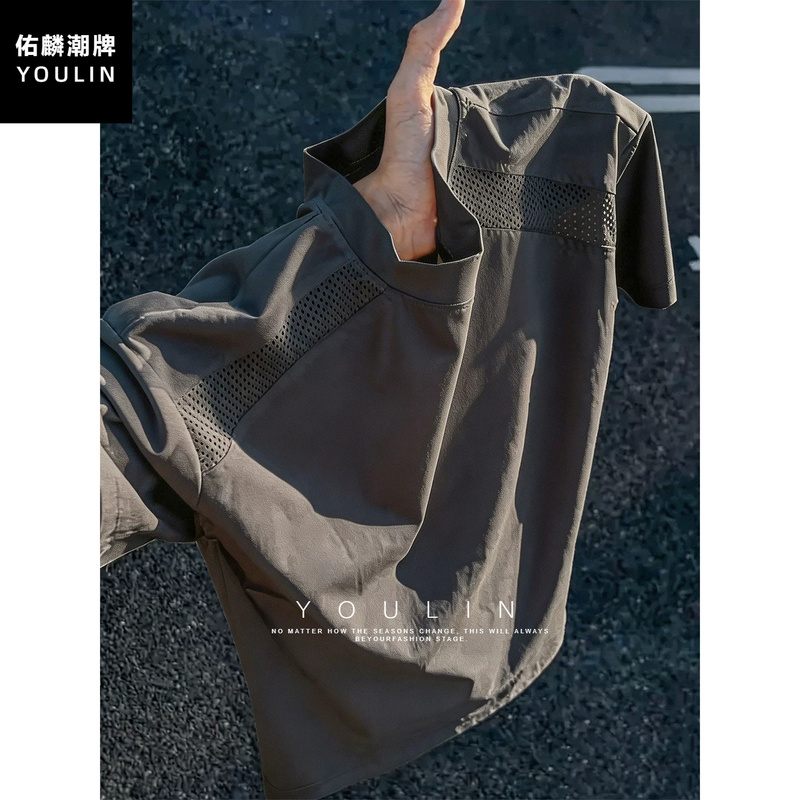 American-Style Mesh Ice Silk Cool-Feeling T-Shirt for Men, Summer Regular Shoulder Breathable Quick-Drying Short-Sleeve Outdoor Sports Badminton Shirt