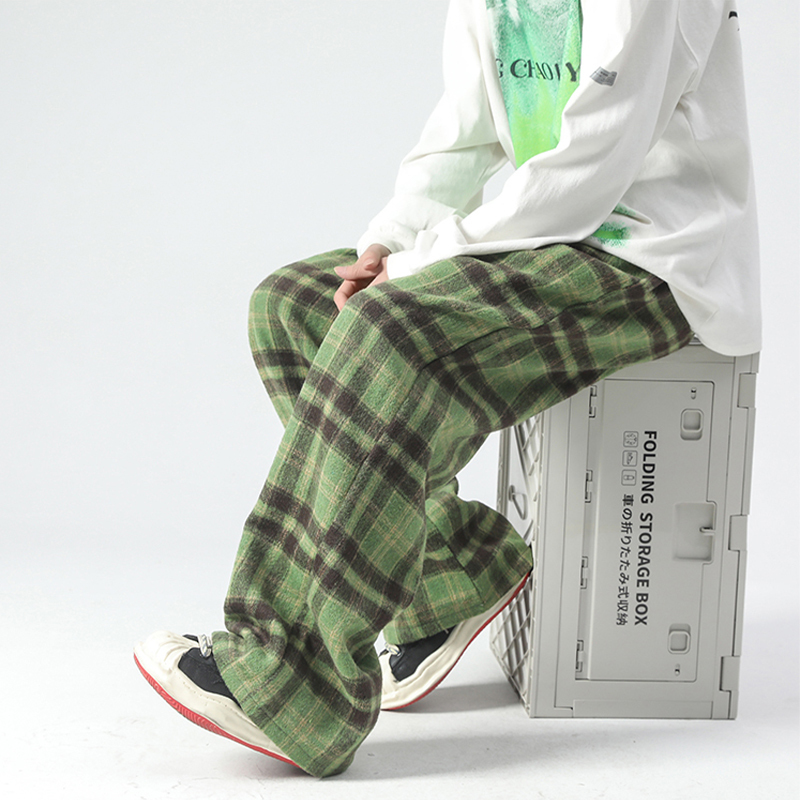 Avocado Green Wool Plaid Straight-Leg Pants Japanese Retro Chanel-Style Pants Men's Autumn Spring American Drape Wide-Leg Pants