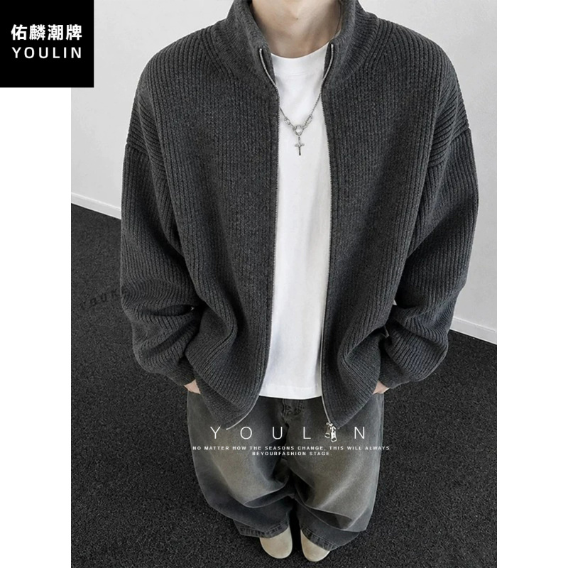 Cleanfit Dark Gray Knitted Cardigan Jacket for Men in Autumn, Lazy Style, High-End American Retro Zipper Sweater