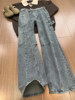 Light Blue Diagonal Cut Flared Jeans for Men, Winter Cool Vibe Pants, American High Street Straight-Leg Lumberjack Work Pants