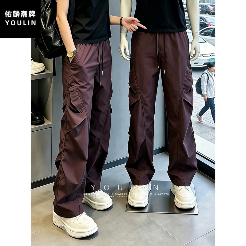 Purple Pleated Quick-Dry Work Pants for Men and Women, Summer Thin Outdoor Functional Windbreaker Pants, Sports Long Pants