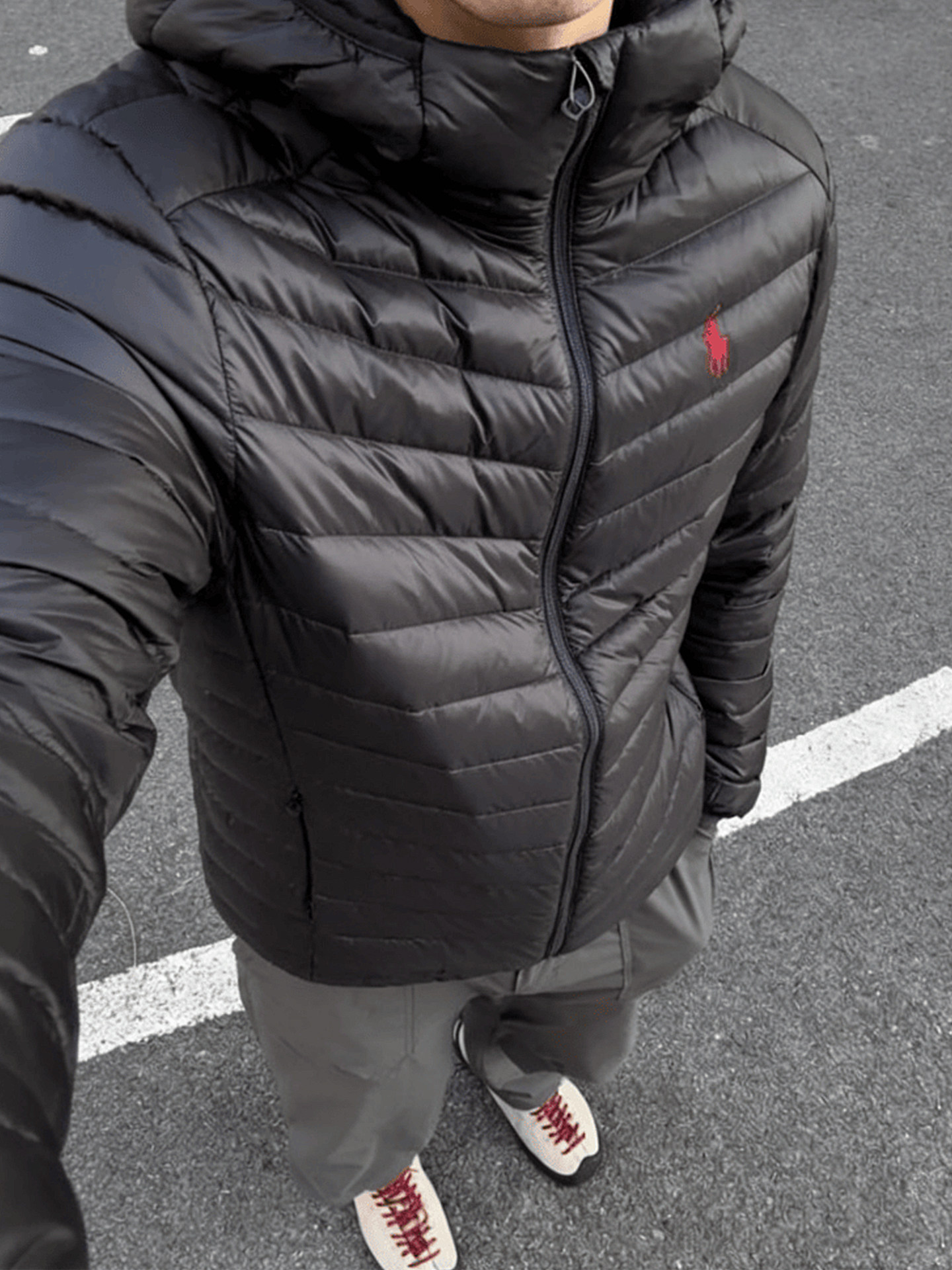 American High Street Style Horse Embroidery Ribbed down Jacket for Men, Lightweight Winter Three-Proof Hooded Cold-Proof Cotton Coat