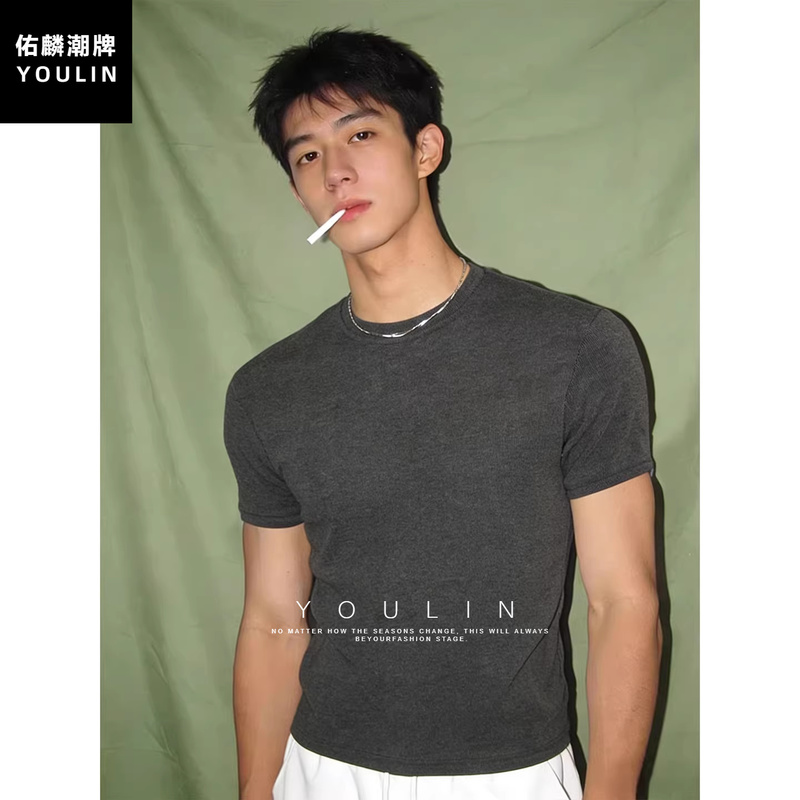 Elastic Slim-Fit Short-Sleeve Men's Summer American-Style Sports Fitness Cuffed T-Shirt with Regular Shoulders and Three-Quarter Sleeves