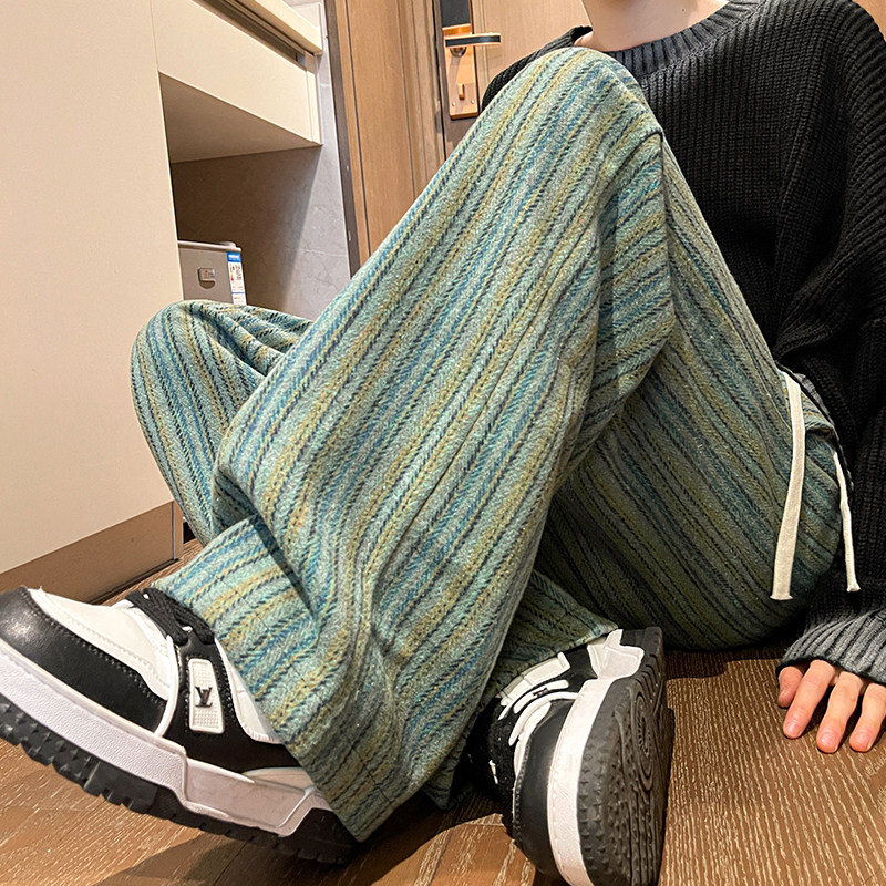Tweed Style Striped Woolen Pants for Men, Fleece-Lined, American Retro Straight-Leg Wide-Leg Pants, Melard Loose Drape Long Pants