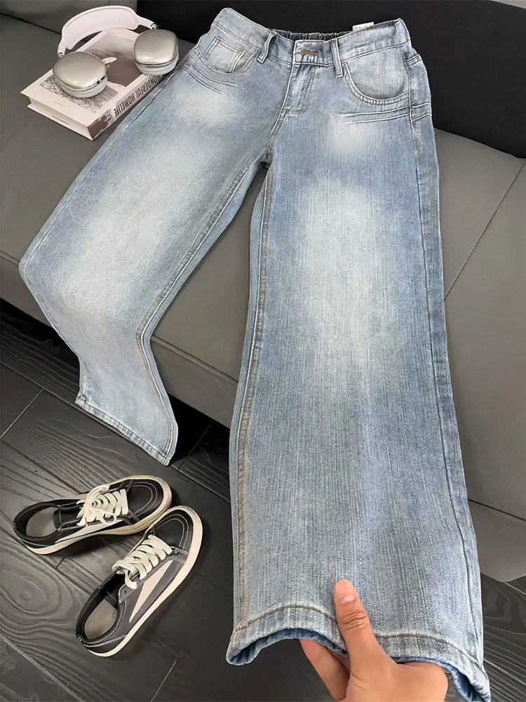 Bamboo Pattern Washed Light Blue Jeans for Men, Autumn High Street Vibe, American Clean Fit Pants, Straight-Leg Flared Pants