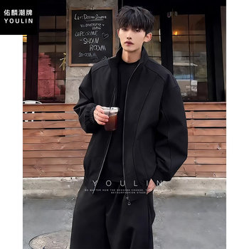 Black Diagonal Collar Jacket for Men, Short Cleanfit American-Style Bomber Jacket, Boxy Three-Proof Outdoor Jacket