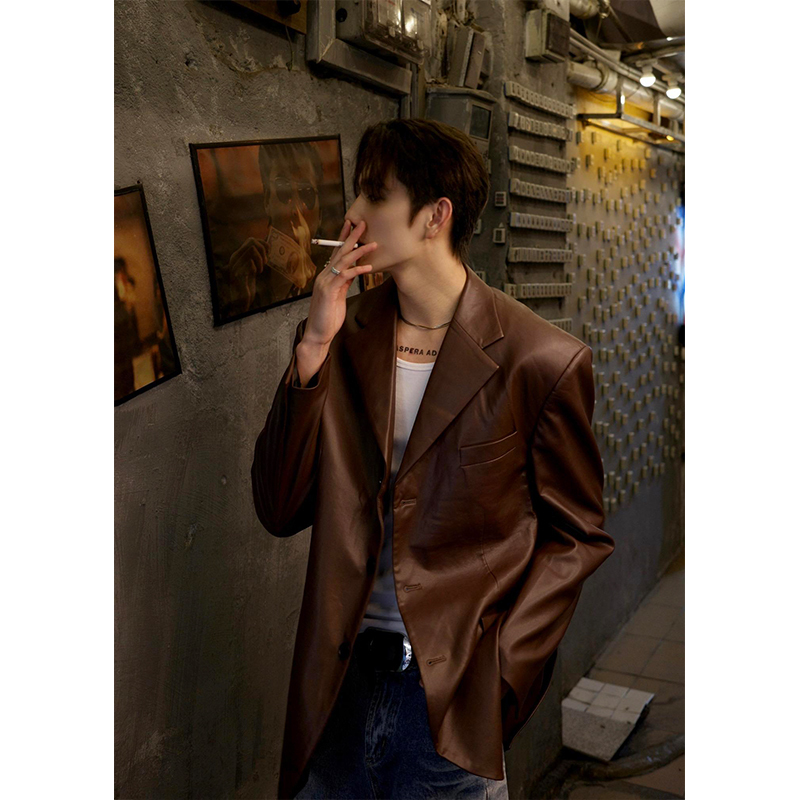 Brown Padded Shoulder Pu Leather Jacket for Men, Spring and Autumn, Stylish and High-End Men's Wear, Melard Style, Korean Version Suit Jacket