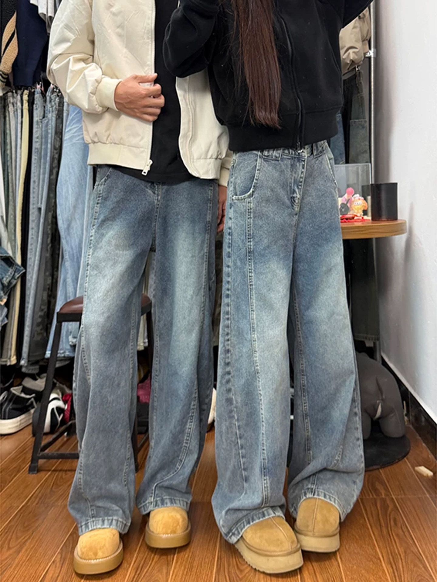 Vintage Blue American-Style Curved Hem Jeans for Men, Winter Thickened Fleece, Slightly Flared Pants, Diagonal Cut Straight-Leg Loose Cargo Pants