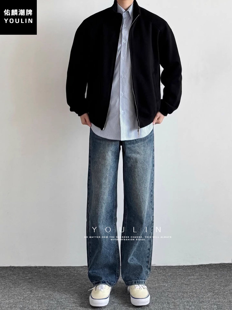 American Retro Blue Straight-Leg Jeans for Men, Autumn and Winter Cleanfit Loose Wide-Leg Pants, Slimming Scimitar Pants