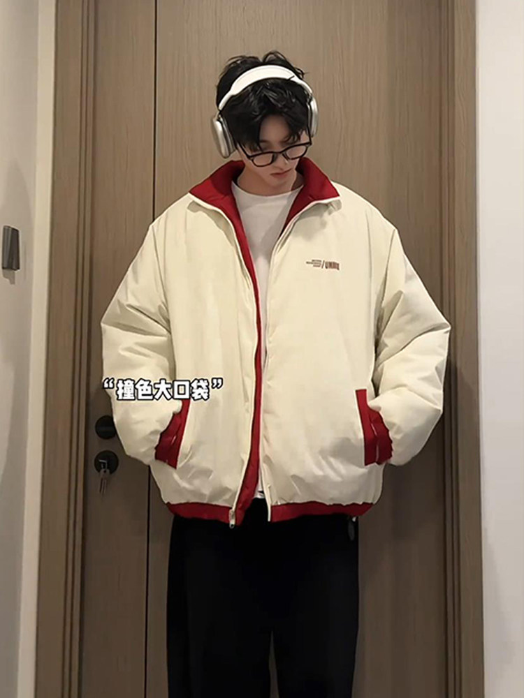 Christmas Red Reversible down Jacket for Men, Winter American High Street Style, Stand Collar, Double-Sided Cotton Coat, Couple's Jacket