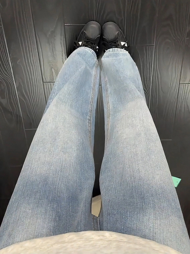 Bamboo Pattern Washed Light Blue Jeans for Men, Autumn High Street Vibe, American Clean Fit Pants, Straight-Leg Flared Pants