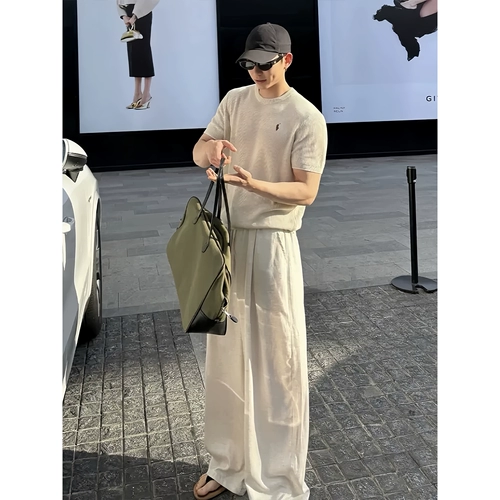 Белые летние легкие и тонкие штаны, из хлопка и льна, свободный прямой крой