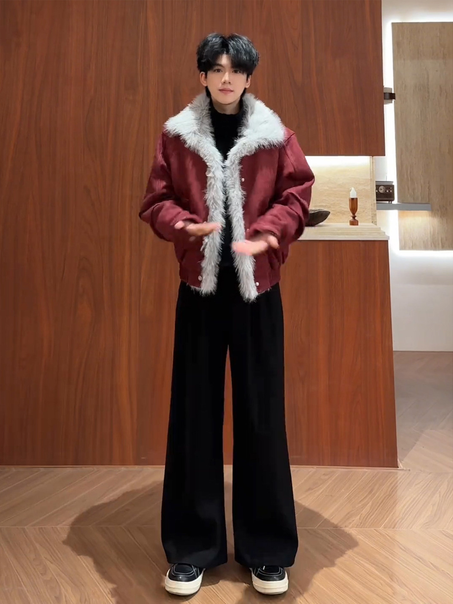 Burgundy Fur Collar Mountain Carving Jacket, Cool and Stylish Autumn/Winter Outfit for Men, Thick Faux Suede Cotton Coat