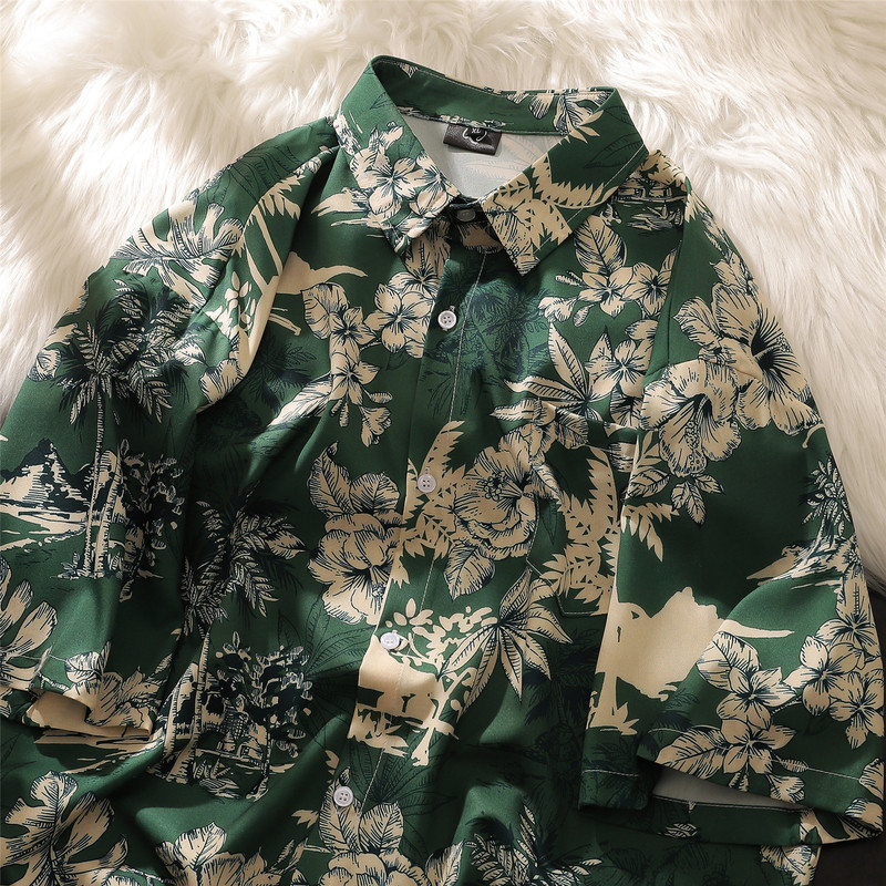 Dark Green Thai Floral Shirt for Men ins Cool Unisex Hawaiian Ice Silk Vintage 2024 Autumn Short-Sleeved Shirt