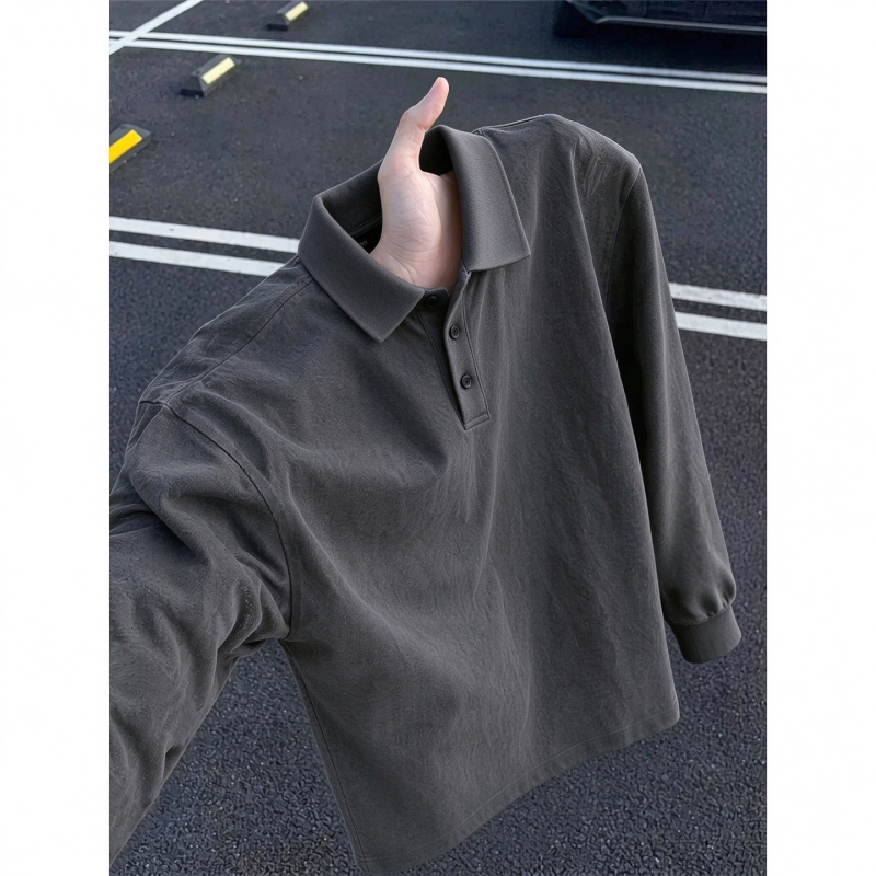 Dark Gray American-Style Regular Shoulder Polo Shirt Long-Sleeve T-Shirt for Men, Early Autumn Cleanfit Heavy-Duty Collared Inner Layer Base Shirt Dark Gray American-Style Regular Shoulder Polo Shirt Long-Sleeve T-Shirt for Men, Early Autumn Cleanfit Heavy-Duty Collared Inner Layer Base Shirt