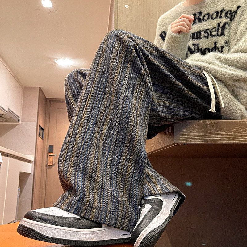 Tweed Style Striped Woolen Pants for Men, Fleece-Lined, American Retro Straight-Leg Wide-Leg Pants, Melard Loose Drape Long Pants