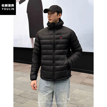 American High Street Style Horse Embroidery Ribbed down Jacket for Men, Lightweight Winter Three-Proof Hooded Cold-Proof Cotton Coat