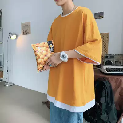 ins Hong Kong style fake two-piece short-sleeved men's t-shirt loose boys half-sleeved tide brand summer trend Harajuku style five-point sleeve tide