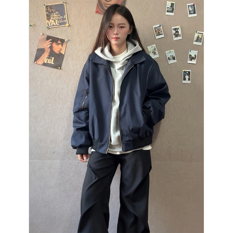 Foygob Navy Blue Jacket Men's Autum Cleanfit Short Style Couple American Pilot Jacket Baseball Uniform