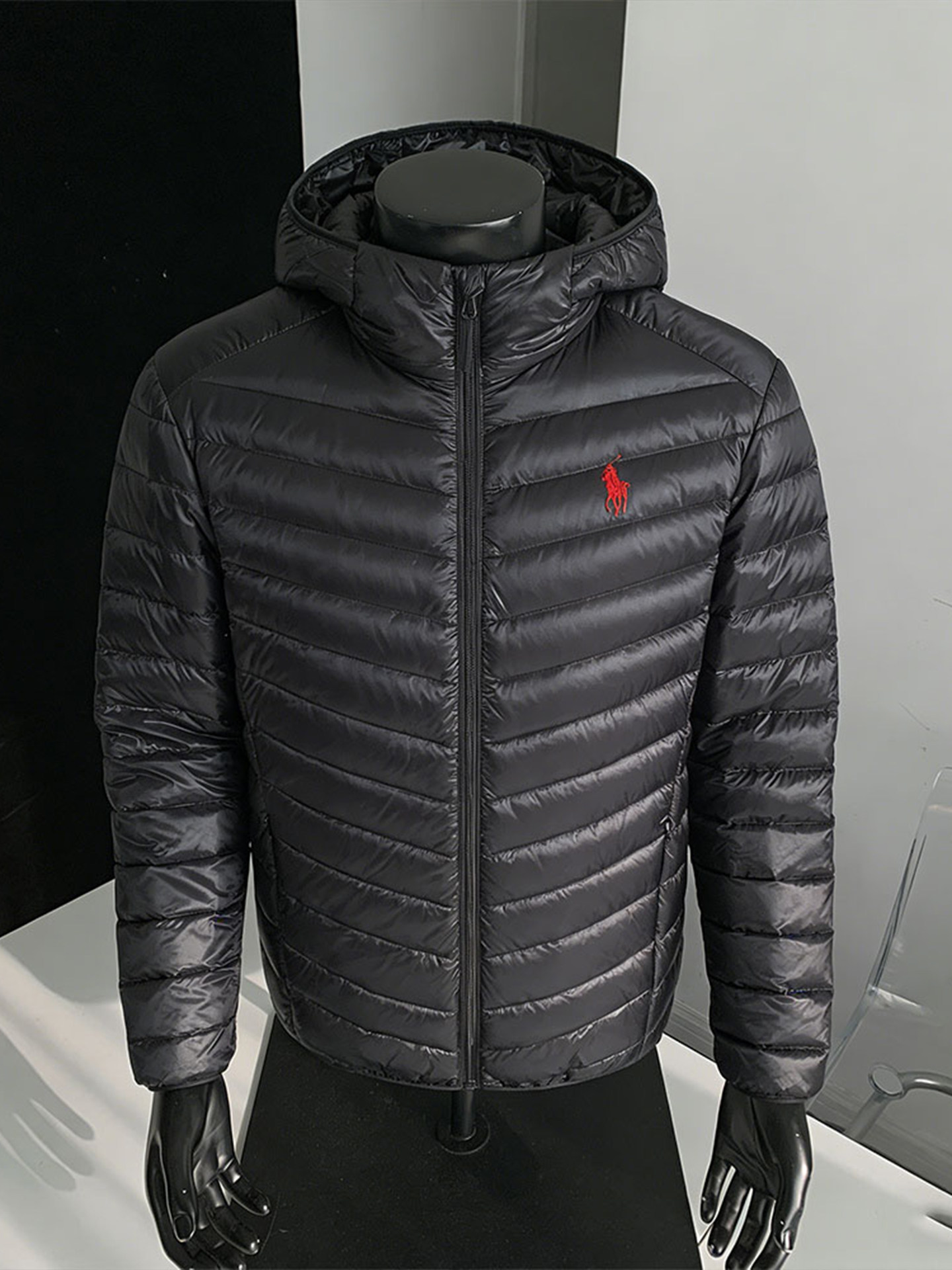 American High Street Style Horse Embroidery Ribbed down Jacket for Men, Lightweight Winter Three-Proof Hooded Cold-Proof Cotton Coat