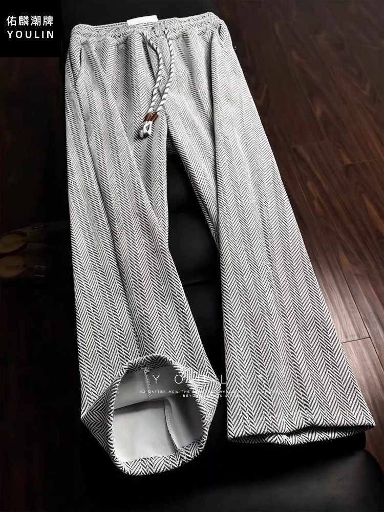 Herringbone Casual Pants for Men, Autumn and Winter, Fleece-Lined, Thick, Heavy-Duty Straight-Leg Sweatpants, Loose and Drapey Wide-Leg Pants