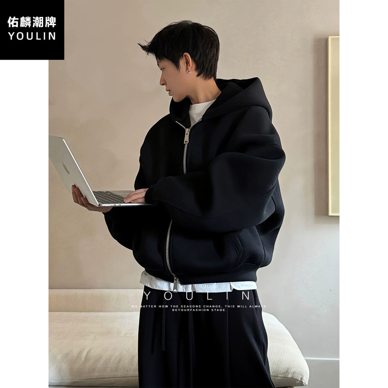 Black American-Style Heavyweight Cardigan Sweatshirt for Men, Autumn High-End Silhouette Hoodie with Double-Ended Zipper, Couple's Jacket Black American-Style Heavyweight Cardigan Sweatshirt for Men, Autumn High-End Silhouette Hoodie with Double-Ended Zipper, Couple's Jacket