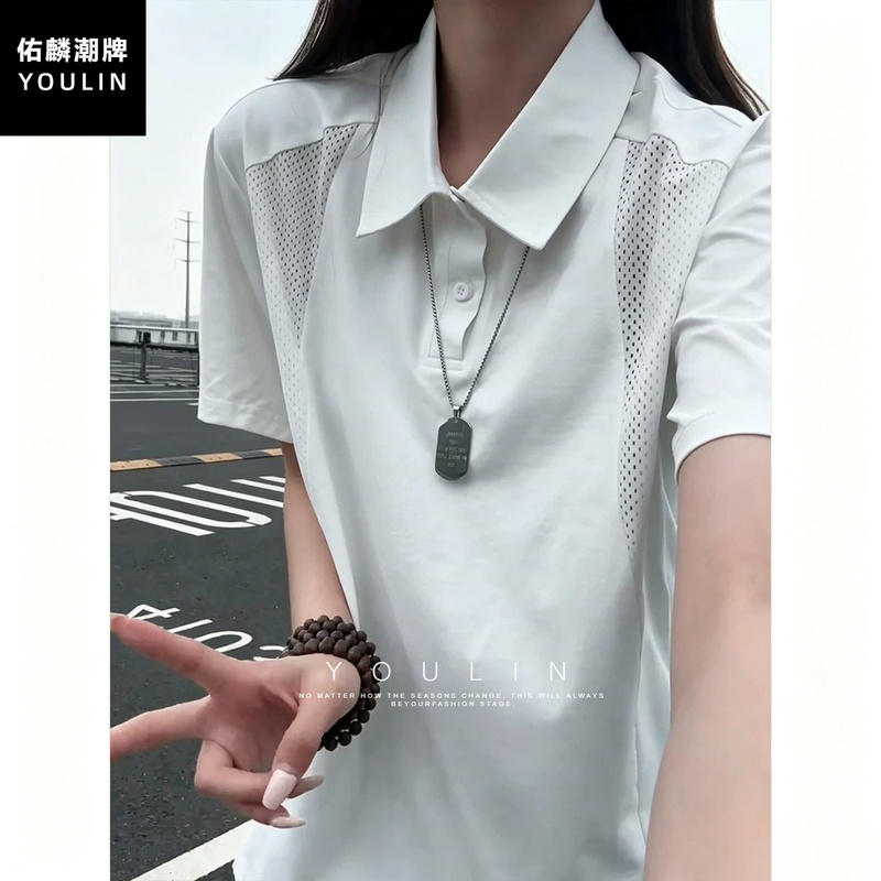 White Mesh Breathable Polo Shirt Short-Sleeved Men's Summer Cool Ice Silk Regular Shoulder T-Shirt American Style Sports Lapel Half-Sleeve White Mesh Breathable Polo Shirt Short-Sleeved Men's Summer Cool Ice Silk Regular Shoulder T-Shirt American Style Sports Lapel Half-Sleeve