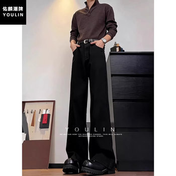 Black Straight-Leg Jeans for Men, Autumn and Winter, Tall, Fleece-Lined, Extra-Long Pants, American High Street Style, Non-Tight Fit, Slightly Flared Pants
