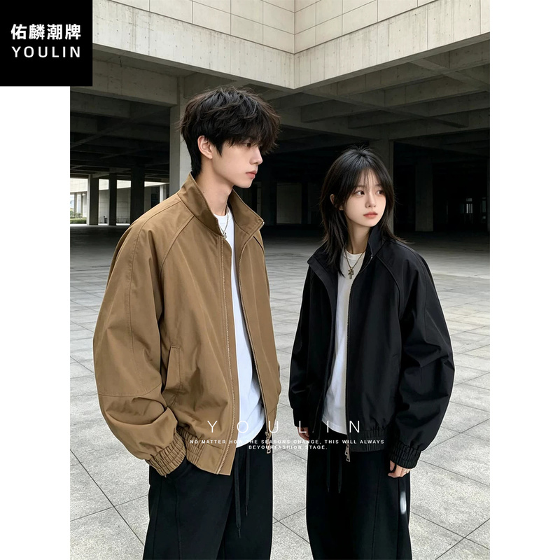 American-Style Stand-Collar Bomber Jacket for Men and Women, Autumn Cleanfit Melard Style Couple's Baseball Jacket