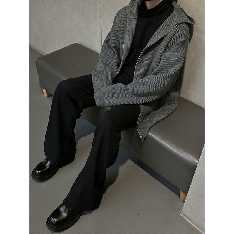 Cleanfit Knitted Cardigan Jacket for Men, Trendy Brand, High-End Feel, Dark Gray Hooded Sweater, Retro Japanese Style, Lazy Style