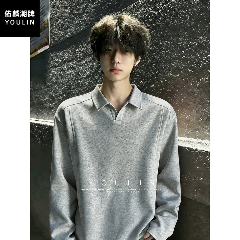 Gray Cleanfit Lapel Sweatshirt for Men, Heavyweight Regular Shoulder Long-Sleeve T-Shirt, American Style Trendy Polo Shirt Gray Cleanfit Lapel Sweatshirt for Men, Heavyweight Regular Shoulder Long-Sleeve T-Shirt, American Style Trendy Polo Shirt