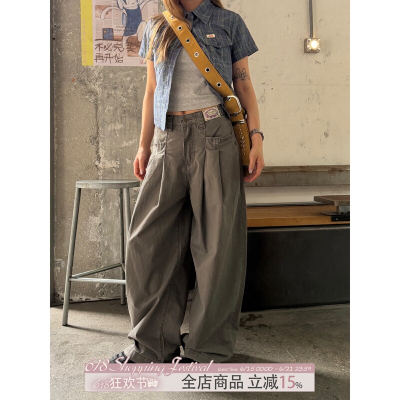 Chuanchuan Ye's Original Summer Thin Work Pants for Men and Women, American-Style Pleated Washed Pure Cotton Wide-Leg Pants with a Sense of Design