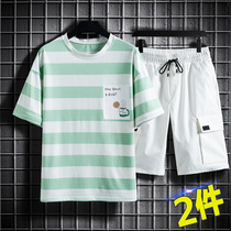 Great Boy Man Short Sleeve T-shirt Trendy Pure Cotton Juvenile Striped Body Summer Shorts Suit Junior High School Student Summer Dress T