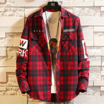 Plaid shirt mens long-sleeved Korean version of the trend junior high school high school students shirt casual jacket teenagers wear village shirts outside