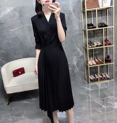 Large size women's clothing feminine high waist and thin wrap-around long version fat MM long-sleeved black pleated suit dress