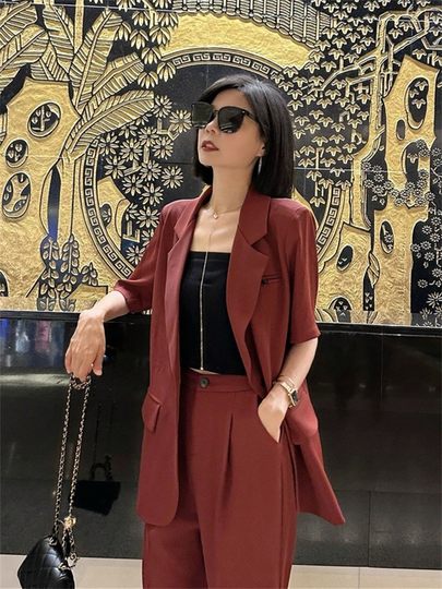 夏装新特大码女装胖妹m西服套装两件套显瘦洋气职业西装外套200斤