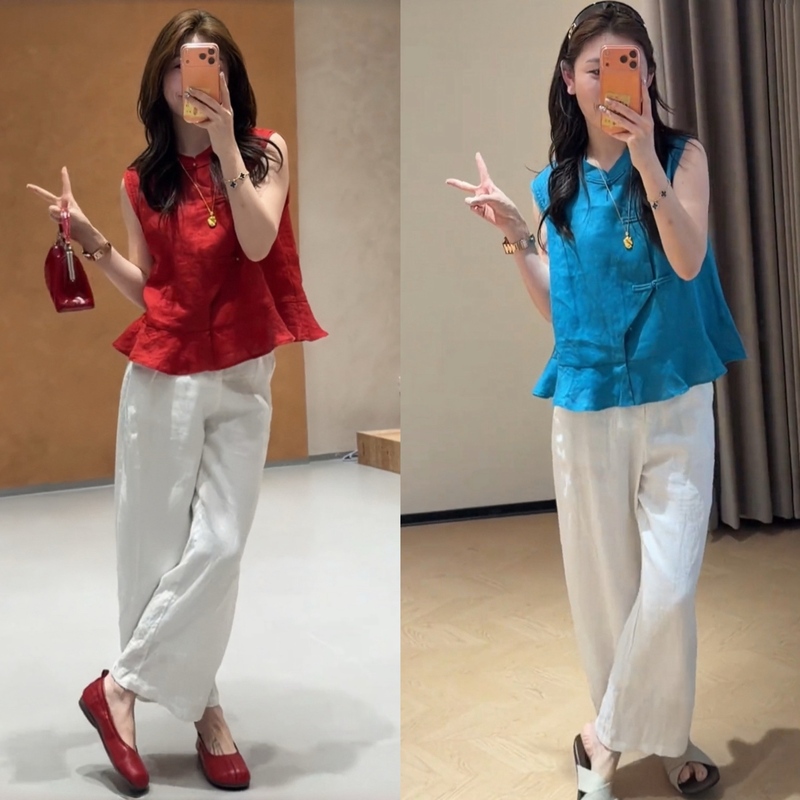 A Complete Set of Unique and Beautiful Chinese-Style Outfits for Women, Summer New Chinese-Style Sleeveless Tops with Buckles and Wide-Leg Pants Two-Piece Set A Complete Set of Unique and Beautiful Chinese-Style Outfits for Women, Summer New Chinese-Style Sleeveless Tops with Buckles and Wide-Leg Pants Two-Piece Set