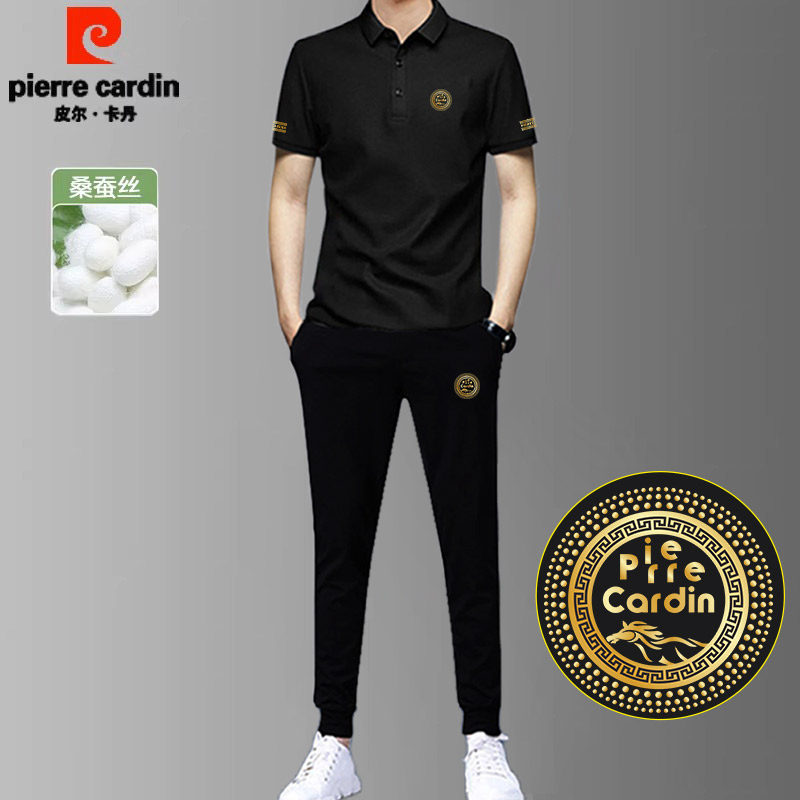 Pirkadan men's sports suit summer with mulberry silk short sleeved t-shirt polo shirt business casual ice silk pants