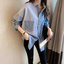  Denim shirt womens long-sleeved 2021 spring and autumn new Korean loose mind shirt design sense niche western style top
