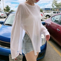  Ice silk long-sleeved t-shirt womens 2021 summer new loose sunscreen blouse wild split thin top air conditioning shirt