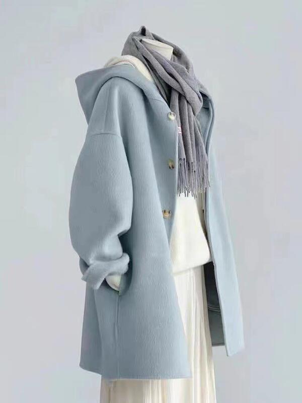 Plus Size Extra Large 150kg Woolen Coat for Women, Autumn and Winter, High-End Feel, Petite, Cream Blue Hooded Coat Plus Size Extra Large 150kg Woolen Coat for Women, Autumn and Winter, High-End Feel, Petite, Cream Blue Hooded Coat