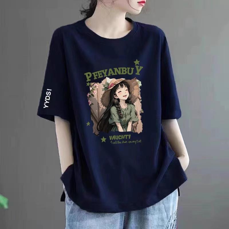 Pure Cotton Plus-Size Round Neck Short-Sleeve T-Shirt for Women 150kg Loose Fit to Cover Body Fat and Look Slimmer Printed Half-Sleeve Top