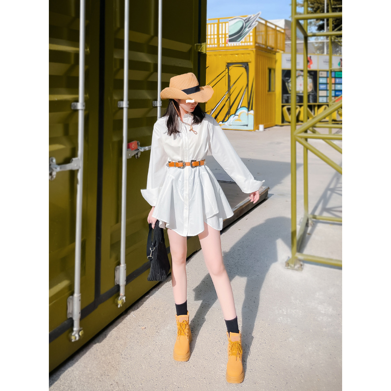 Vacation Casual Style Shirt Dress with Belt for Women, A-Line Loose Long-Sleeved Dress, Mid-Length Shirt Dress