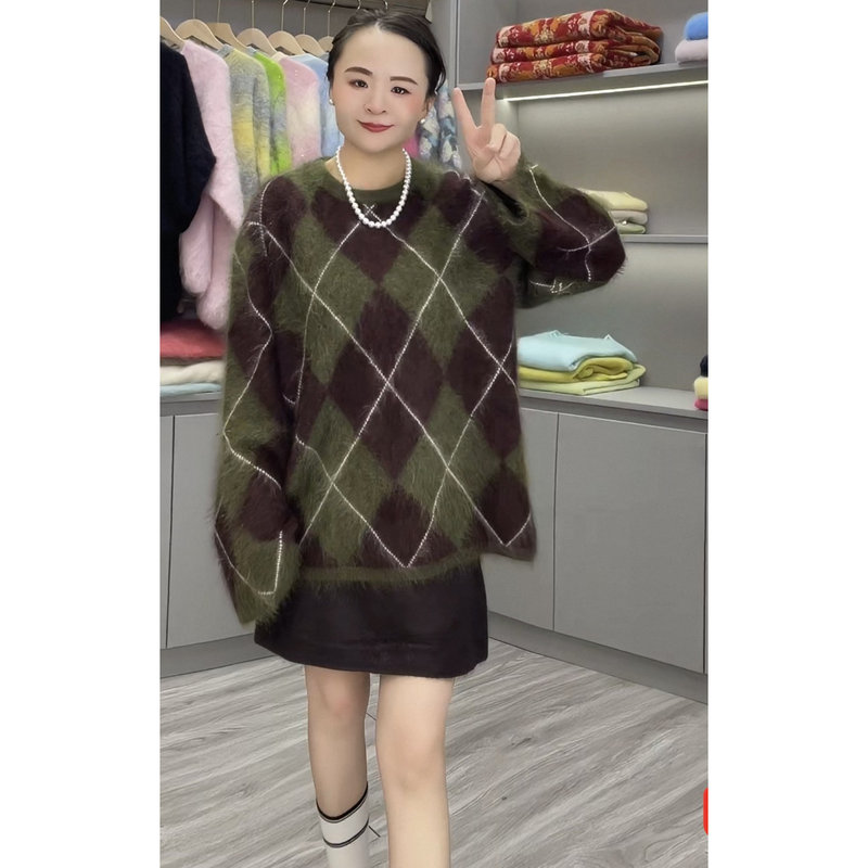 2026 Autumn/Winter New Cashmere Brushed Diamond Pattern Round Neck Knit Pullover with Excellent Texture