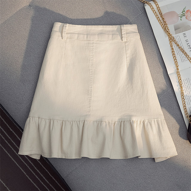 ສິ້ນກະໂປງ ruffled irregular 2024 summer high-waisted A-line hip-hugging slim white denim skirt for petite women
